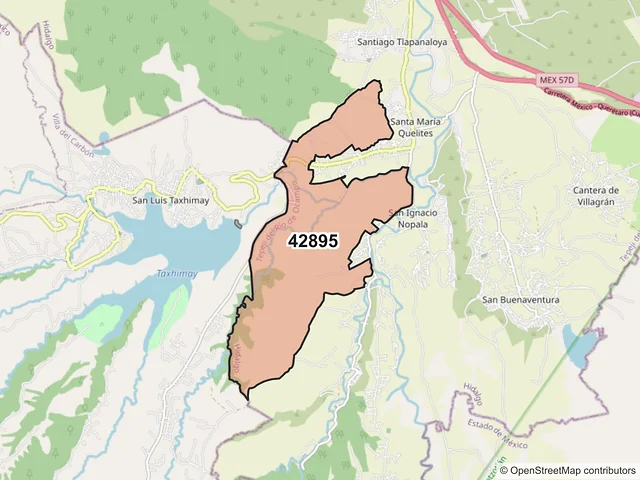 Mapa del código postal 42895, Tepeji del Río de Ocampo, Hidalgo
