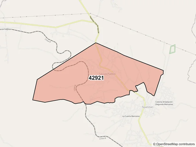 Mapa del código postal 42921, Tepetitlán, Hidalgo