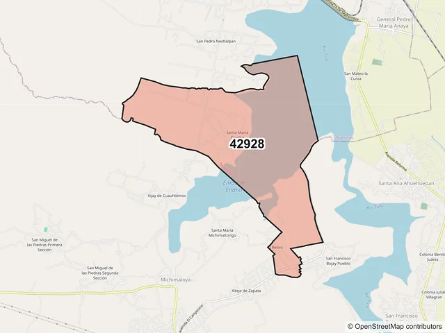 Mapa del código postal 42928, Tepetitlán, Hidalgo