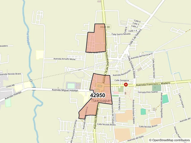 Mapa del código postal 42950, Tlaxcoapan, Hidalgo