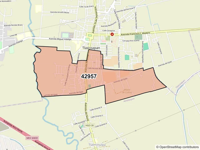 Mapa del código postal 42957, Tlaxcoapan, Hidalgo