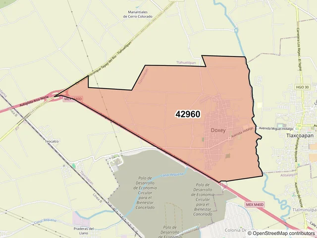 Mapa del código postal 42960, Tlaxcoapan, Hidalgo