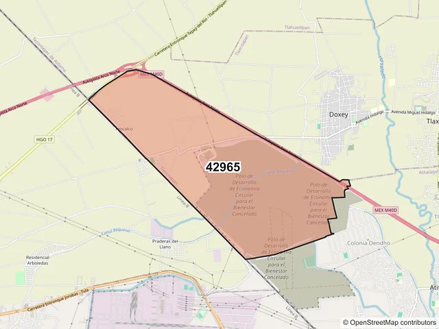 Mapa del código postal 42965, Tlaxcoapan, Hidalgo