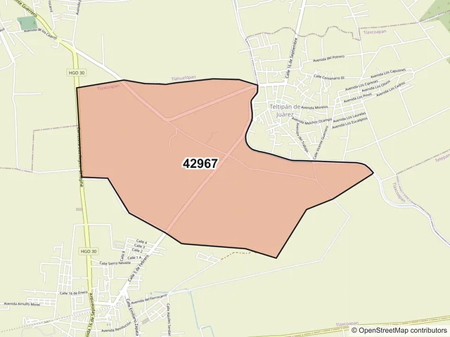 Mapa del código postal 42967, Tlaxcoapan, Hidalgo