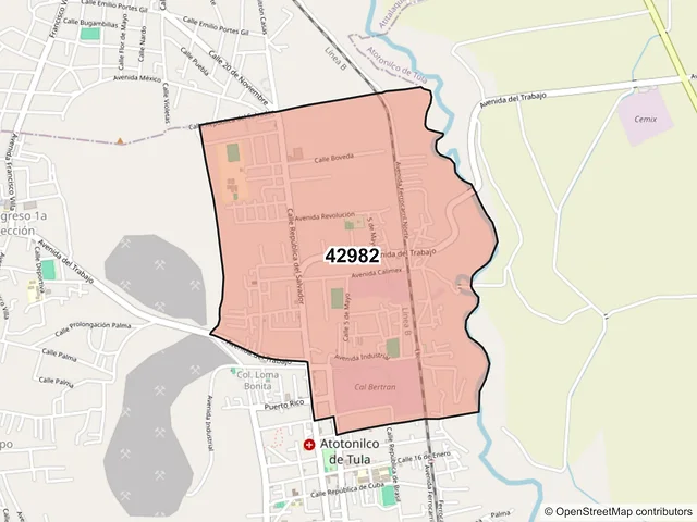 Mapa del código postal 42982, Atotonilco de Tula, Hidalgo