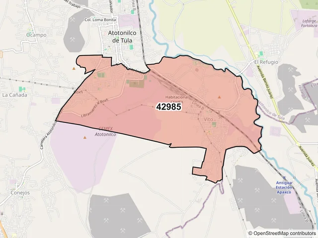 Mapa del código postal 42985, Atotonilco de Tula, Hidalgo