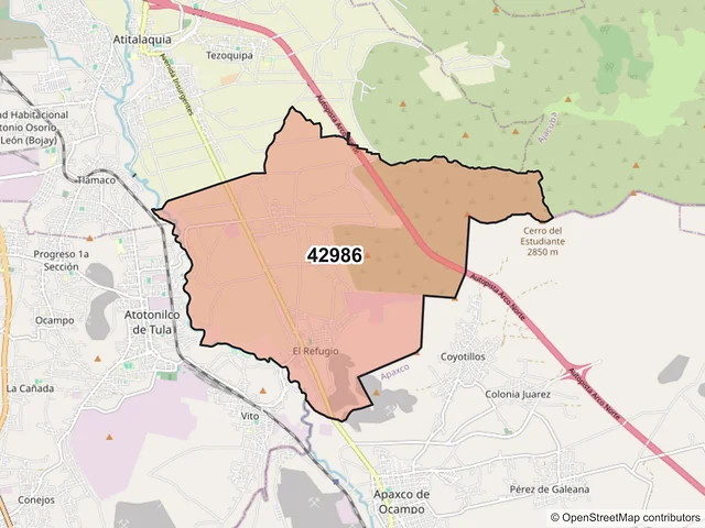 Mapa del código postal 42986, Atotonilco de Tula, Hidalgo