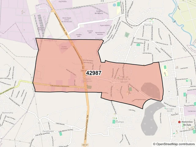 Mapa del código postal 42987, Atotonilco de Tula, Hidalgo