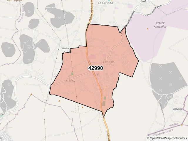 Mapa del código postal 42990, Atotonilco de Tula, Hidalgo
