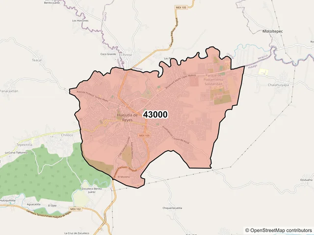 Mapa del código postal 43000, Huejutla de Reyes, Hidalgo
