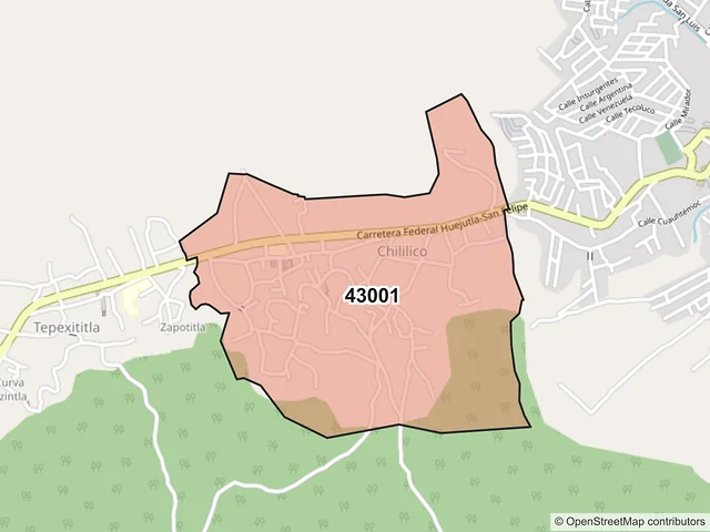 Mapa del código postal 43001, Huejutla de Reyes, Hidalgo