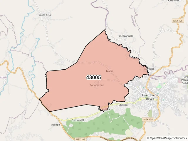 Mapa del código postal 43005, Huejutla de Reyes, Hidalgo