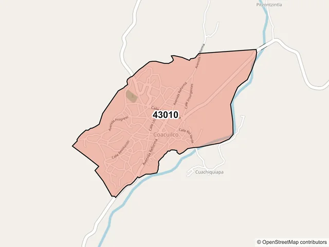 Mapa del código postal 43010, Huejutla de Reyes, Hidalgo