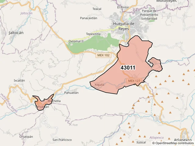 Mapa del código postal 43011, Huejutla de Reyes, Hidalgo