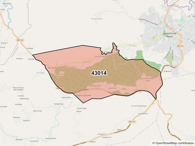Mapa del código postal 43014, Huejutla de Reyes, Hidalgo