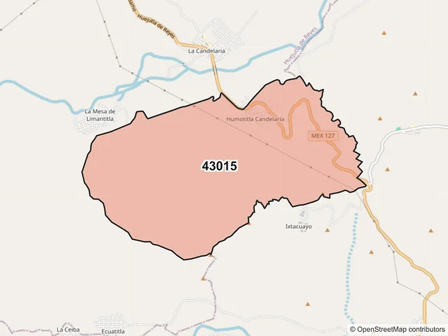 Mapa del código postal 43015, Huejutla de Reyes, Hidalgo