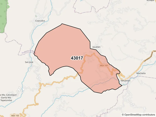 Mapa del código postal 43017, Huejutla de Reyes, Hidalgo