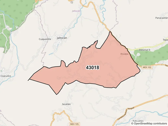 Mapa del código postal 43018, Huejutla de Reyes, Hidalgo