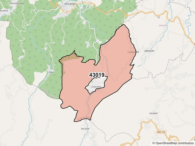 Mapa del código postal 43019, Huejutla de Reyes, Hidalgo