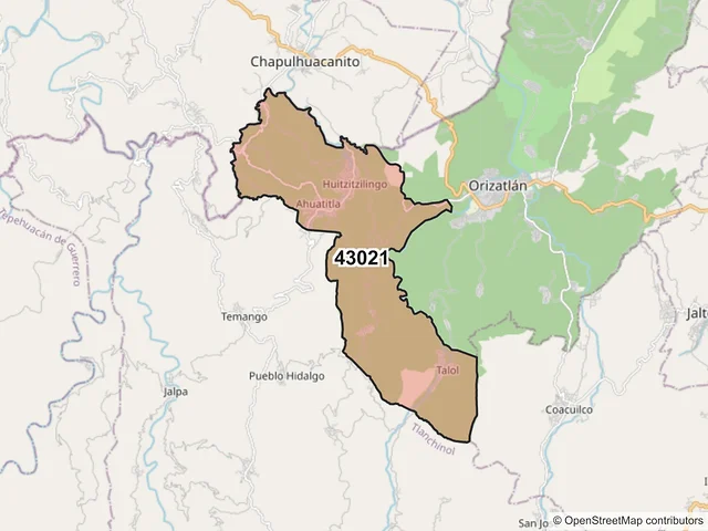 Mapa del código postal 43021, San Felipe Orizatlán, Hidalgo