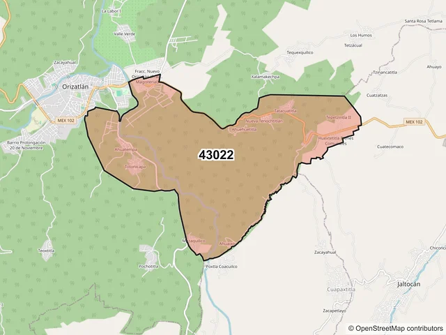 Mapa del código postal 43022, San Felipe Orizatlán, Hidalgo