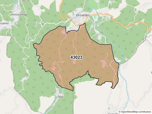 Mapa del código postal 43023, San Felipe Orizatlán, Hidalgo