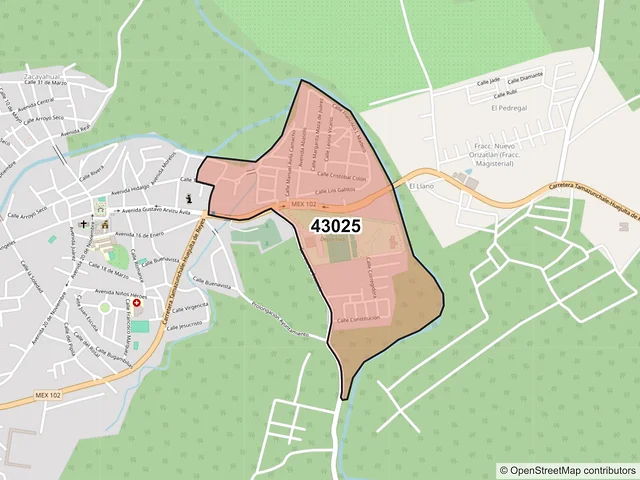 Mapa del código postal 43025, San Felipe Orizatlán, Hidalgo