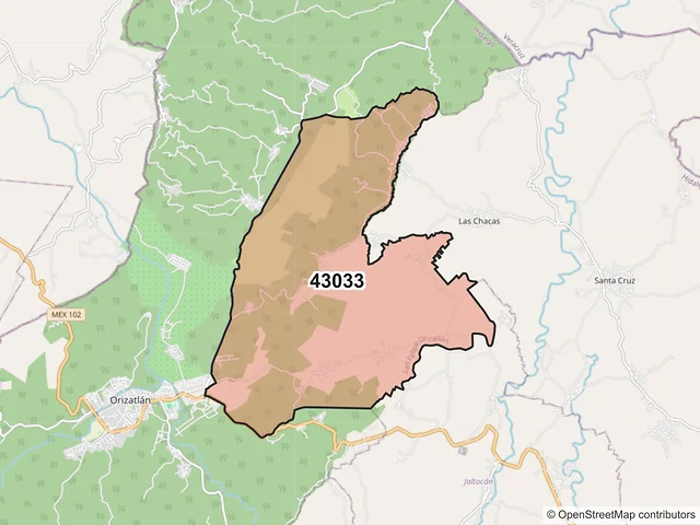 Mapa del código postal 43033, San Felipe Orizatlán, Hidalgo