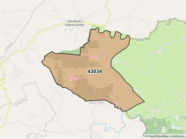 Mapa del código postal 43034, San Felipe Orizatlán, Hidalgo
