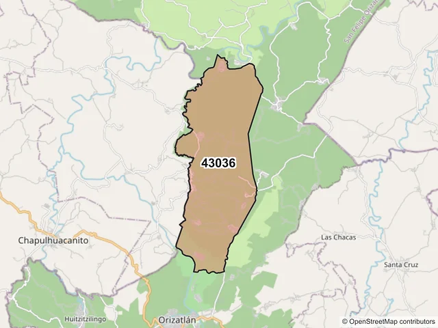Mapa del código postal 43036, San Felipe Orizatlán, Hidalgo