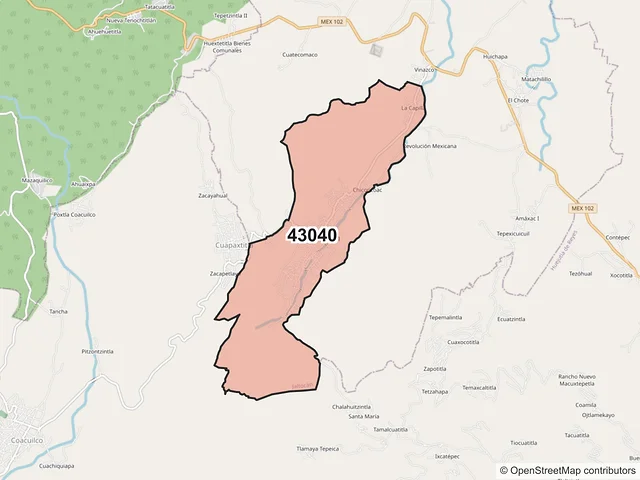 Mapa del código postal 43040, Jaltocán, Hidalgo