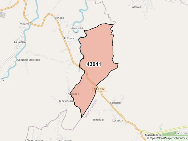Mapa del código postal 43041, Jaltocán, Hidalgo