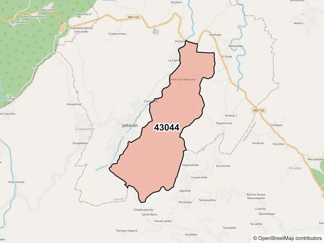 Mapa del código postal 43044, Jaltocán, Hidalgo