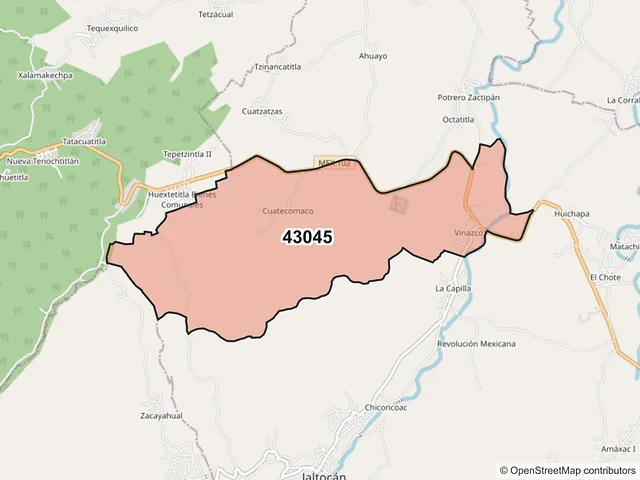 Mapa del código postal 43045, Jaltocán, Hidalgo
