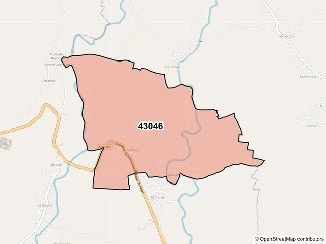 Mapa del código postal 43046, Jaltocán, Hidalgo