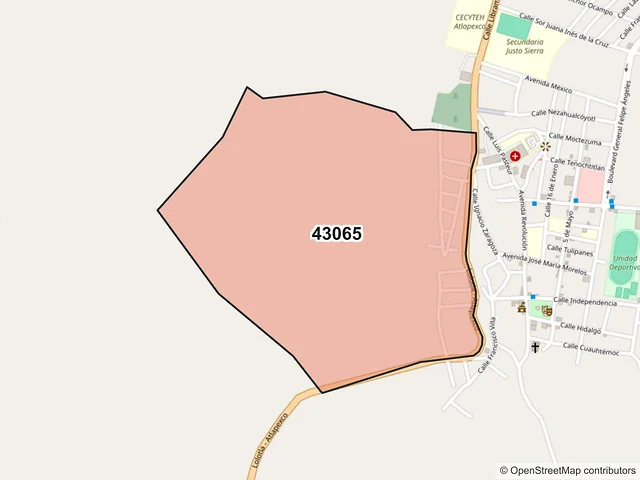 Mapa del código postal 43065, Atlapexco, Hidalgo