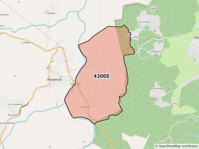 Mapa del código postal 43068, Atlapexco, Hidalgo