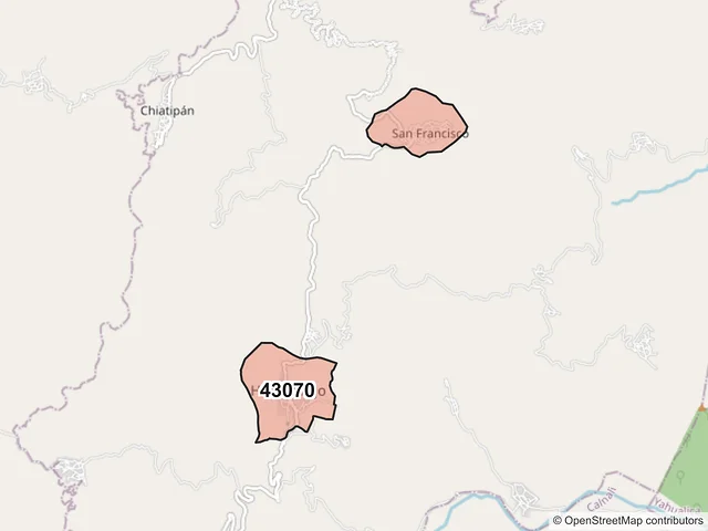 Mapa del código postal 43070, Huazalingo, Hidalgo