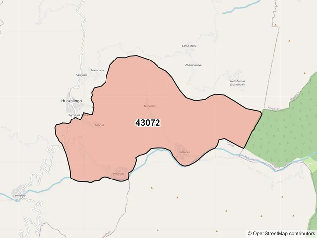 Mapa del código postal 43072, Huazalingo, Hidalgo