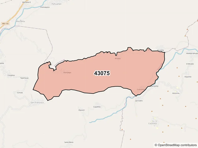 Mapa del código postal 43075, Huazalingo, Hidalgo
