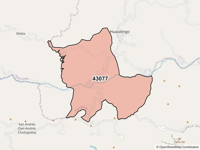 Mapa del código postal 43077, Huazalingo, Hidalgo