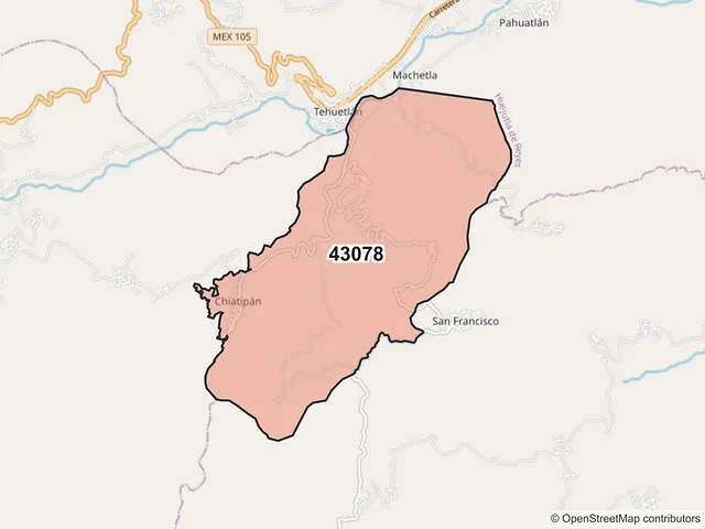 Mapa del código postal 43078, Huazalingo, Hidalgo