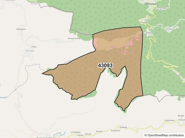 Mapa del código postal 43093, Xochiatipan, Hidalgo
