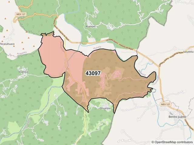 Mapa del código postal 43097, Xochiatipan, Hidalgo