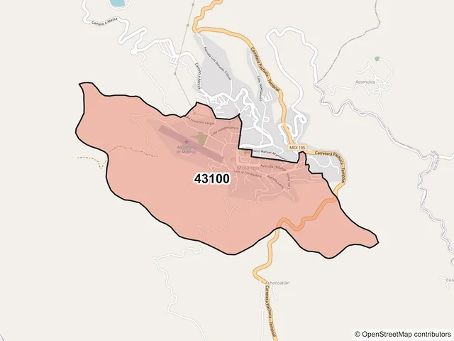 Mapa del código postal 43100, Molango de Escamilla, Hidalgo