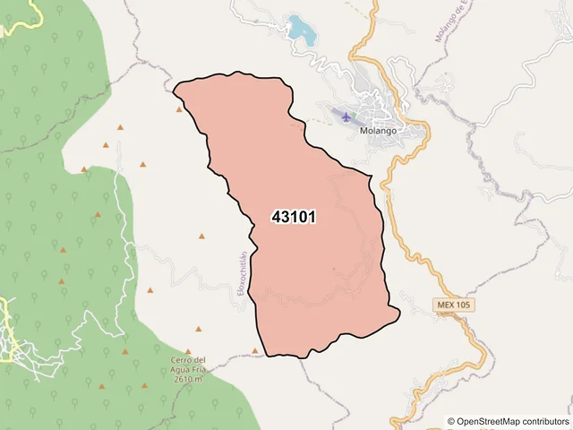 Mapa del código postal 43101, Molango de Escamilla, Hidalgo