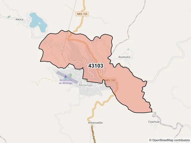 Mapa del código postal 43103, Molango de Escamilla, Hidalgo