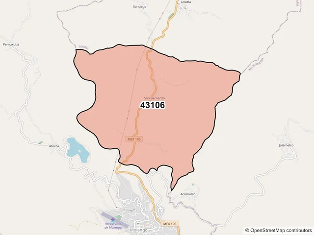 Mapa del código postal 43106, Molango de Escamilla, Hidalgo