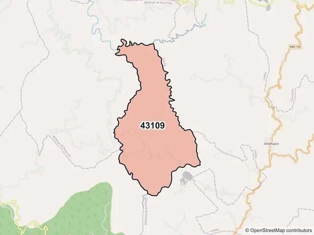 Mapa del código postal 43109, Molango de Escamilla, Hidalgo