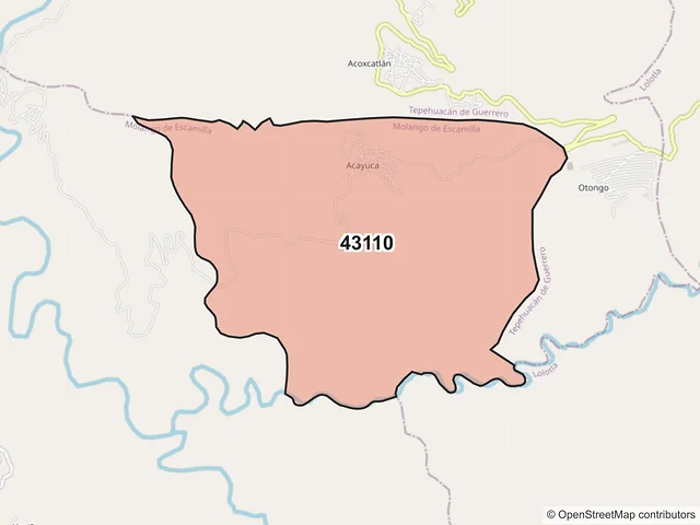 Mapa del código postal 43110, Molango de Escamilla, Hidalgo